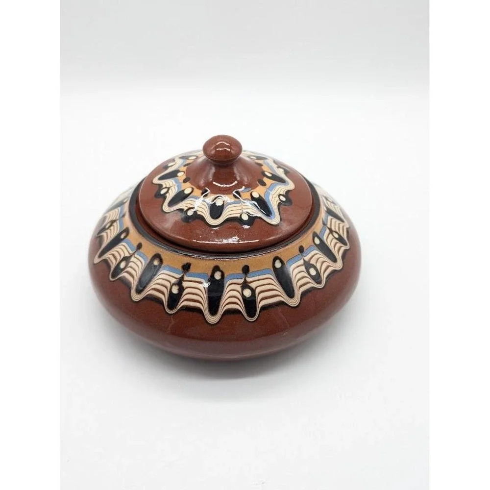 Vintage Bulgarian Troyan Pottery Lid Candy Dish 90s Redware‎ Folk Art Drip Glaze
